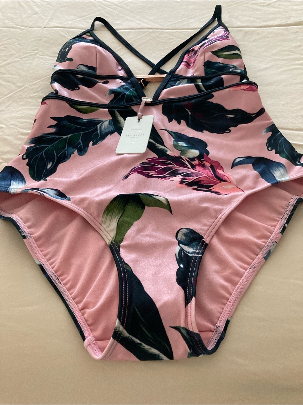 Ted Baker Pink Floral One-Piece Swimsuit with Black Straps and Rose Pink accent